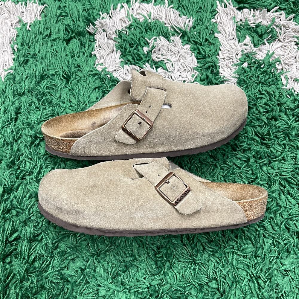 Birkenstock Boston Suede Taupe Soft Footbed Clogs Men's size 43 US 10 Pre Owned - Picture 2 of 13